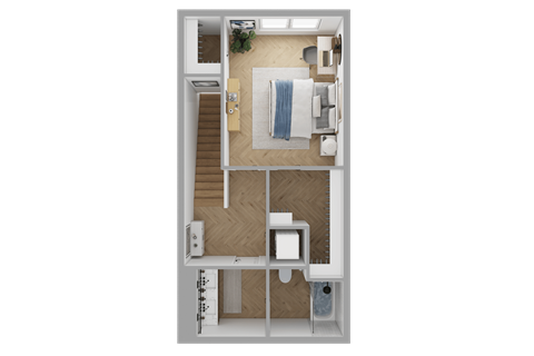Floor plan for 1 bed, 1.5 baths, 940 sqft
